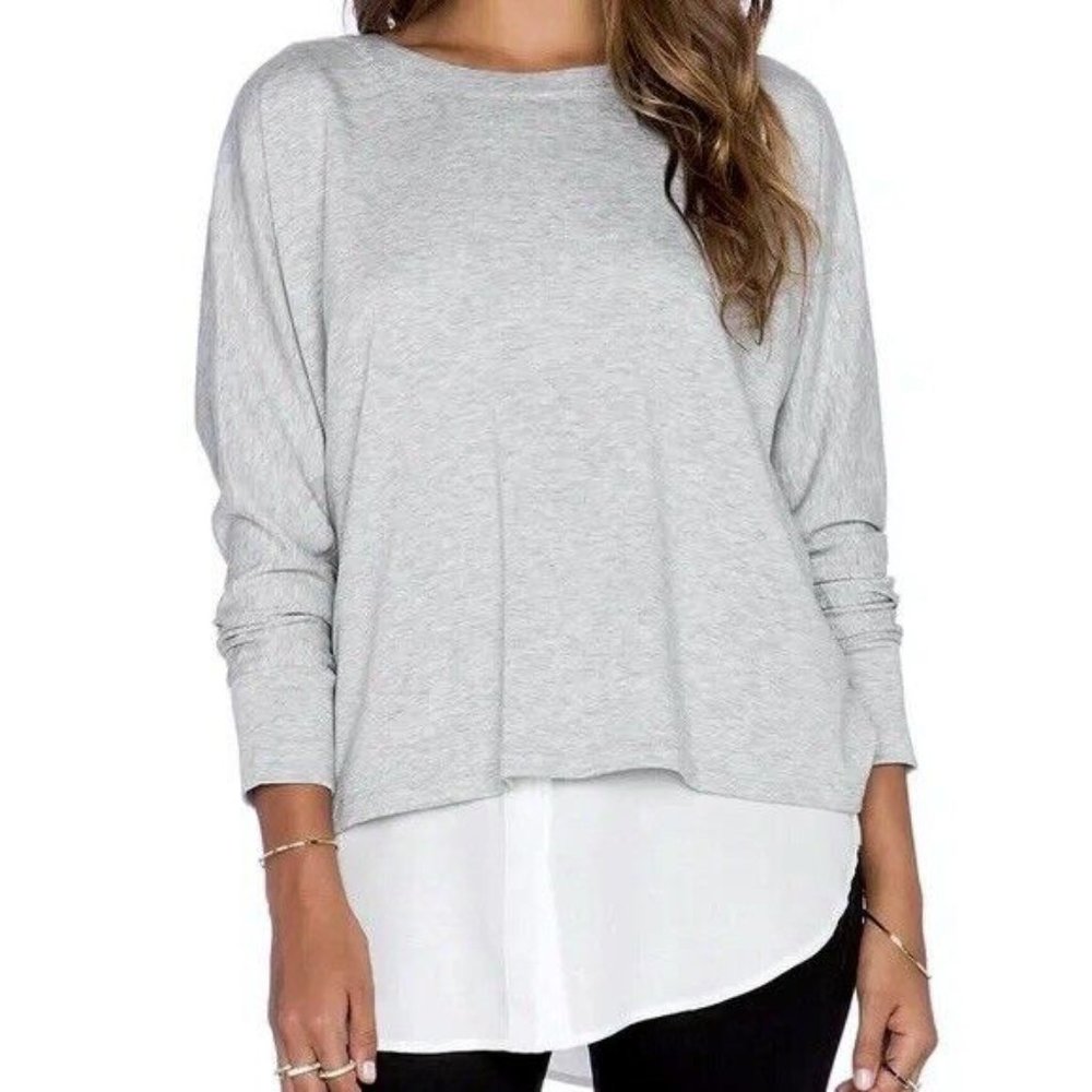 NEW Vince Long Sleeve Gray Jersey with White Button Down Layered Top Women’s M